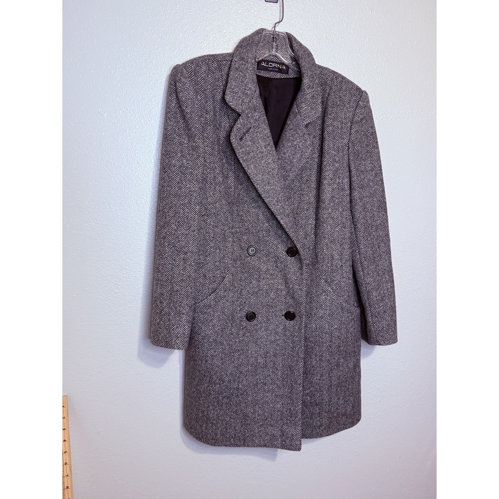 Vintage 70s ALORNA Wool Blend Herringbone Coat Gray Double Breasted USA Made